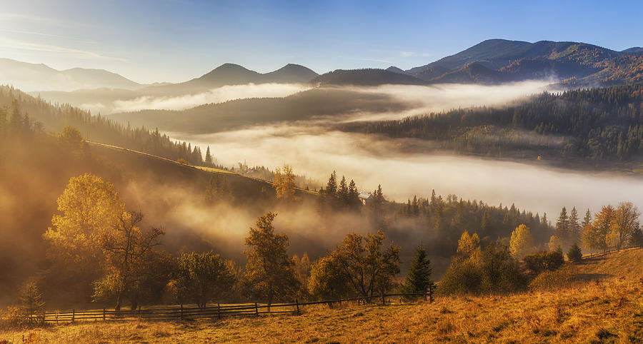 Panorama of misty sunrise in the mountains Photograph by Anton Petrus