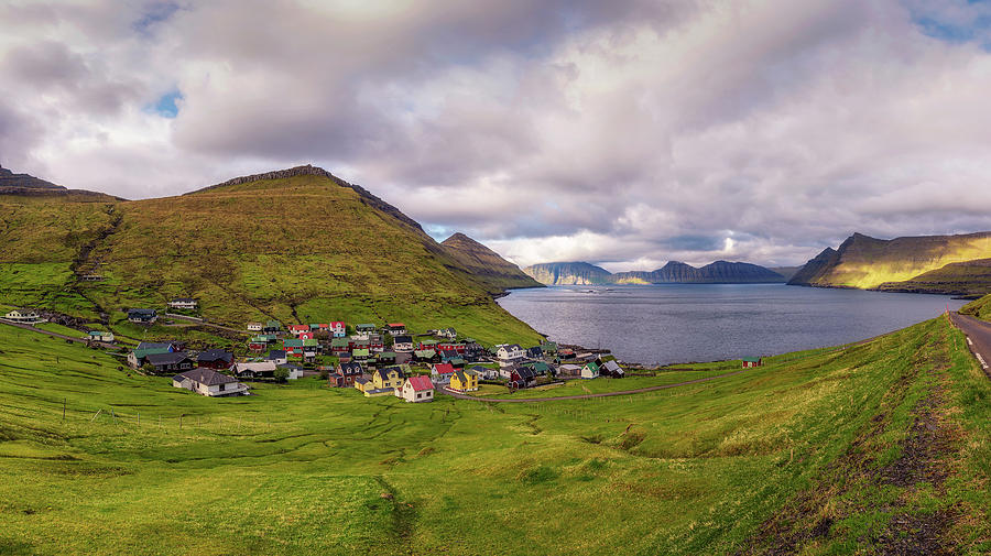 Panorama of mountains and ocean around village of Funningur on Faroe ...