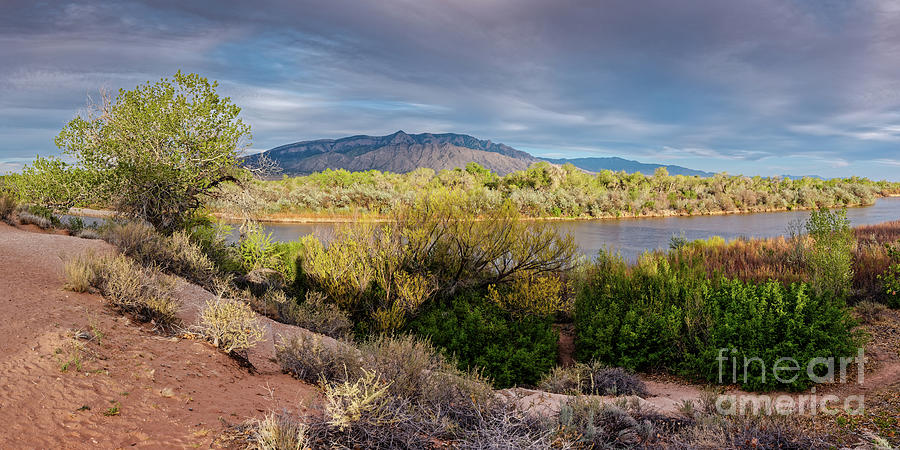 Panorama of Sandia Mountains, Bosque, and Rio Grande from Rio Rancho Bosque Preserve - Albuquerque  Photograph by Silvio Ligutti