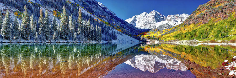 Maroon Bells Panorama  Sunrise In The Rocky Mountains Peaks triptych.   Photograph by OLena Art