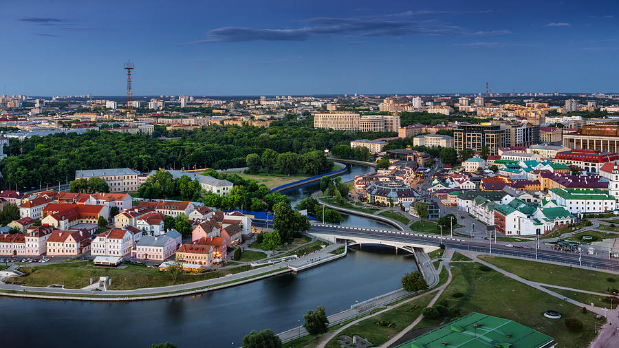 Panoramic cityscape of Minsk downtown in twilight Photograph by Sergey Alimov