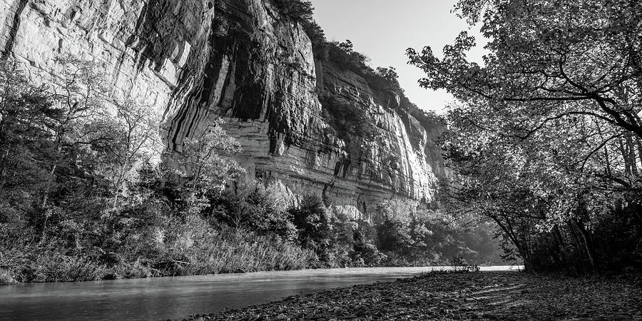 Black And White Photograph - Panoramic Landscape Along The Buffalo River and Roark Bluff - BW Edition by Gregory Ballos