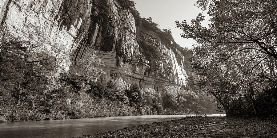 Panoramic Landscape Along The Buffalo River and Roark Bluff - Sepia Edition Photograph by Gregory Ballos