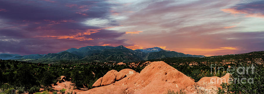 Panoramic landscape view from the Garden of the Gods park looking towards the west and Pikes Peak at Photograph by Gunther Allen