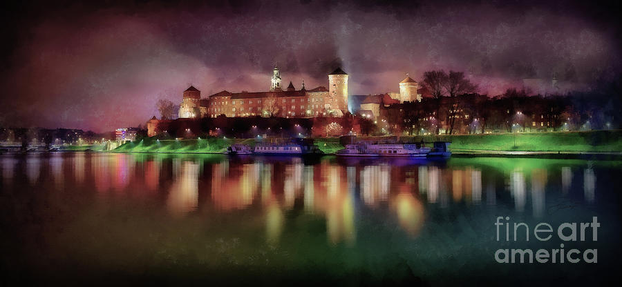 Panoramic night view of Wawel Digital Art by Jerzy Czyz