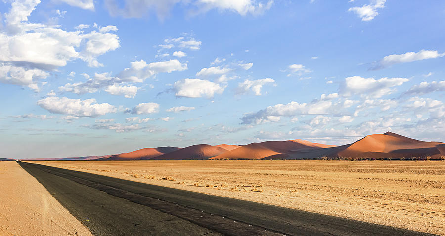 Panoramic perspective of blacktop road and dunes disappearing in the distance. Photograph by ROAR AFRICA by Rockford Draper