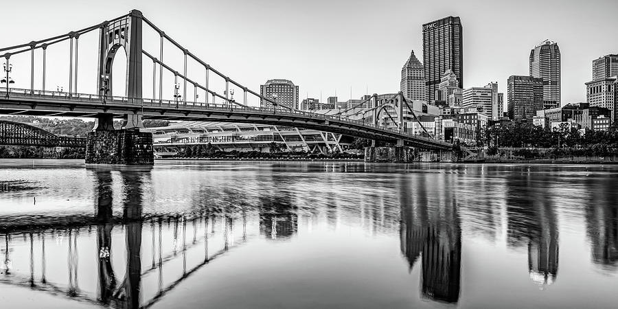 Panoramic Pittsburgh Skyline Reflections - Black and White Photograph by Gregory Ballos