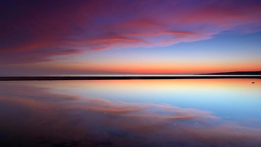 Panoramic sea. Purple sunset at the beach. Tarifa beach.Lake and sea ...