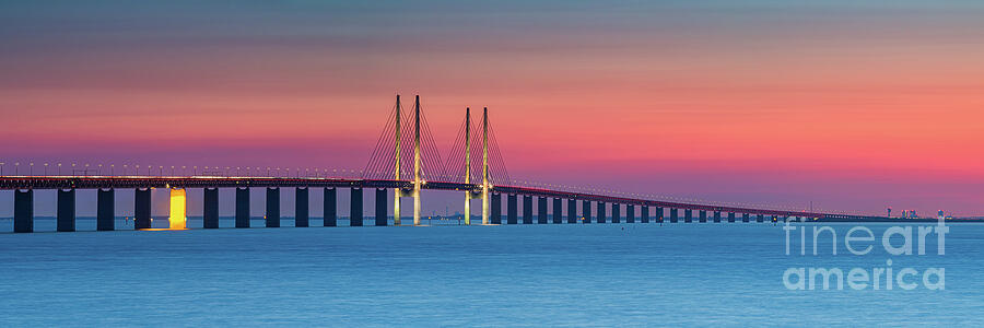 Architecture Photograph - Panoramic sunset at the Oresund Bridge, Sweden by Henk Meijer Photography