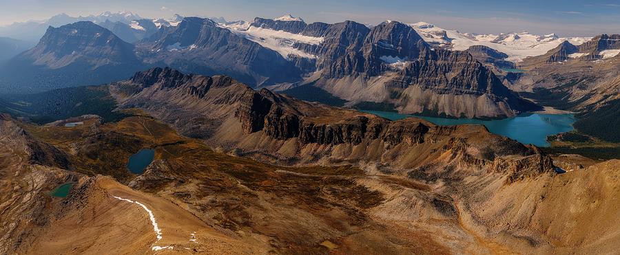 Panoramic View o Bow Lake, Crowfoot Glacier, Bow Glacier, Banff National Park Photograph by Yves Gagnon