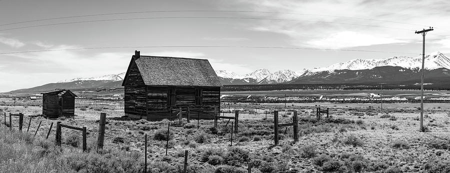Panoramic View Of Antique Cabin In Colorado In Black And White Photograph