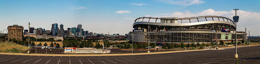 Panoramic view of Denver Skyline and Empower Field at Mile High Stadium Photograph by Eldon McGraw