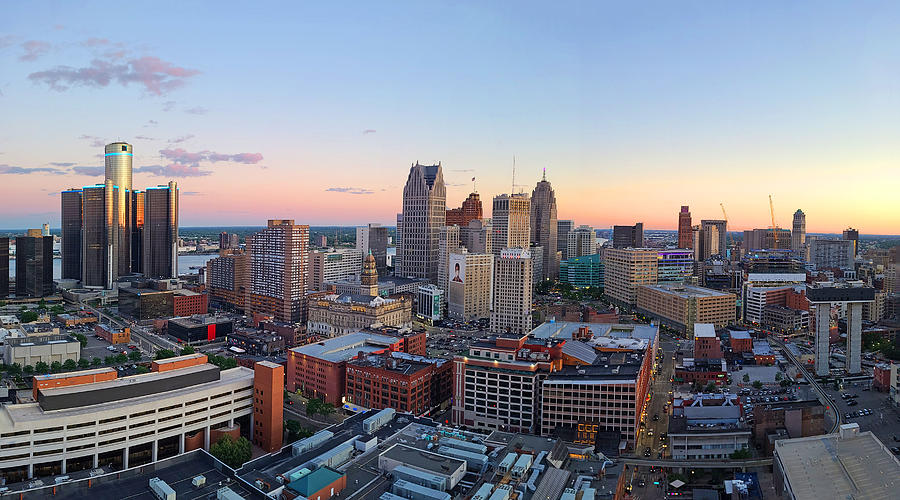 Panoramic view of dusk in Detroit Photograph by Photo by Mike Kline (notkalvin)