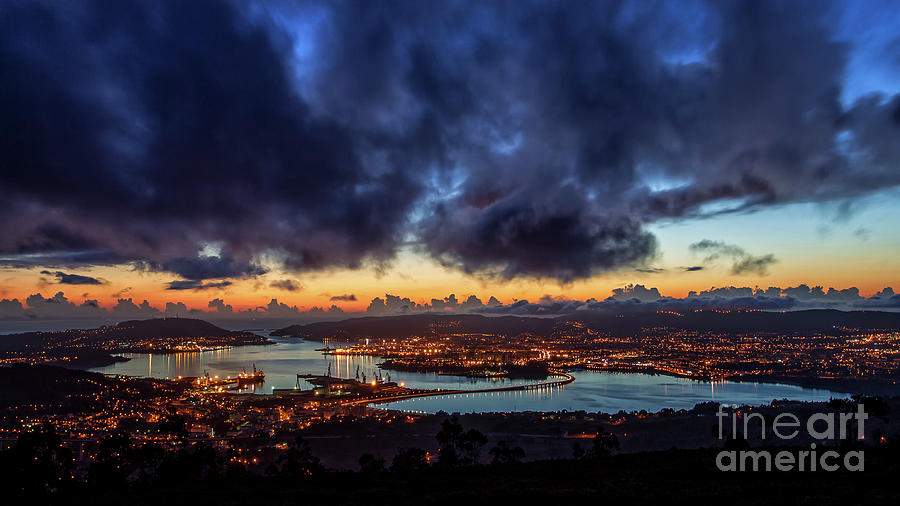 Panoramic View of Ferrol Estuary with Bridge and Shipyards Stormy Sky at Dusk La Corua Galicia Photograph by Pablo Avanzini