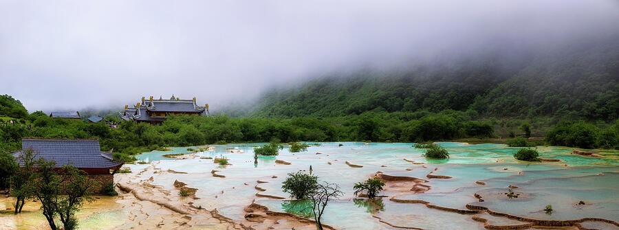 Panoramic View of Huanglong Pools and Traditional Architecture i Photograph by Benoit Bruchez Panoramic View of Huanglong Pools and Traditional Architecture i Photograph by Benoit Bruchez