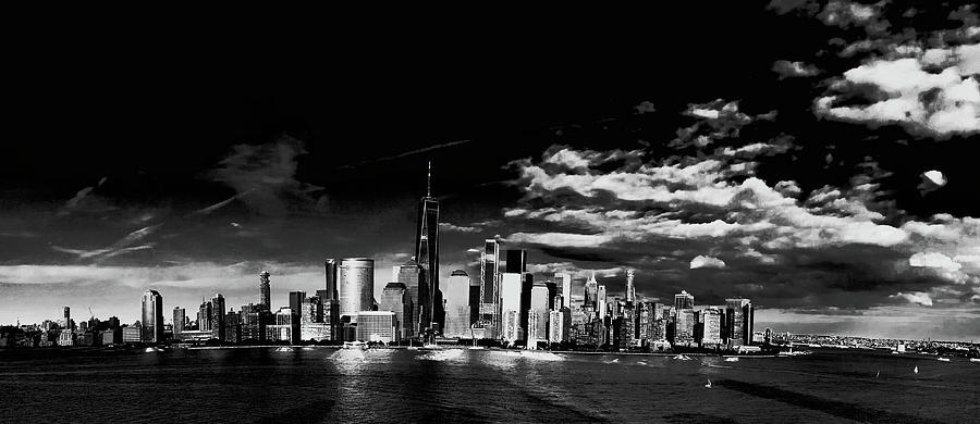 Lower Manhattan skyline in black and white. Panorama. Photograph by Alina Oswald