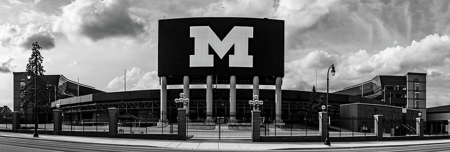Panoramic view of Michigan Stadium in black and white Photograph by Eldon McGraw