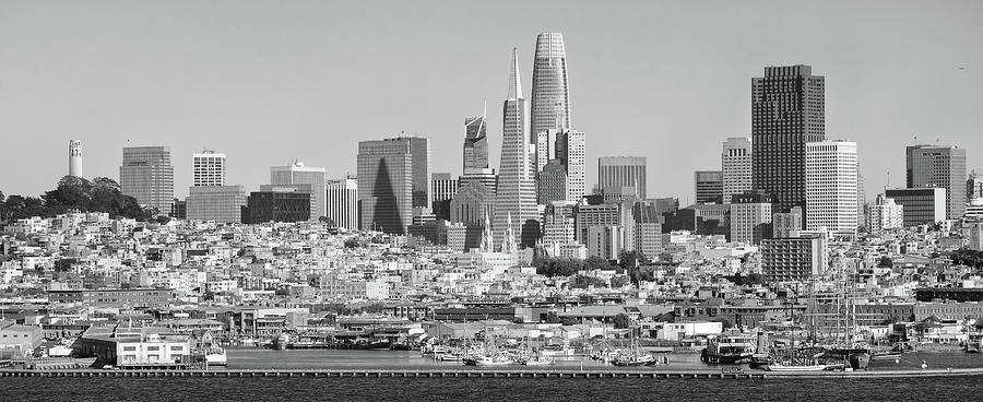 Panoramic View of San Francisco Skyline over Fishermans Wharf at Golden Hour Black and White Photograph by Shawn OBrien