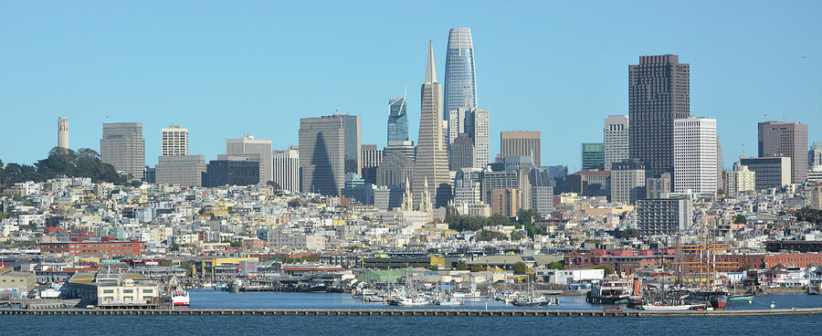 Panoramic View of San Francisco Skyline over Fishermans Wharf at Golden Hour Photograph by Shawn OBrien