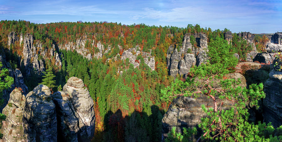 Panoramic view of the Elbe Sandstone Mountains Photograph by Sun Travels