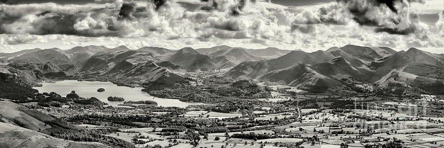 Panoramic view of the northern Lake District. Black and White version. Photograph by Phill Thornton