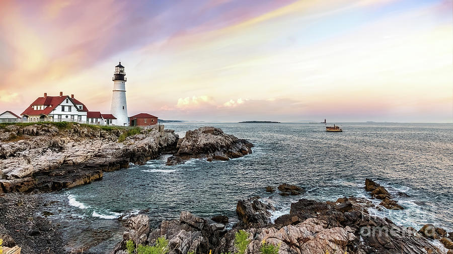 Panoramic view of the Portland Head Lighthouse at sunset. Cape Elizabeth, Maine, USA. Photograph by Jane Rix