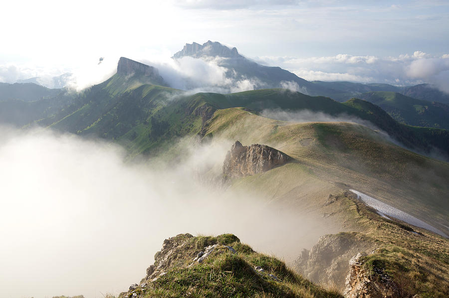 Panoramic view of Tkhach mountains in clouds, mountain landscape, Caucasus Photograph by Vyacheslav Argenberg