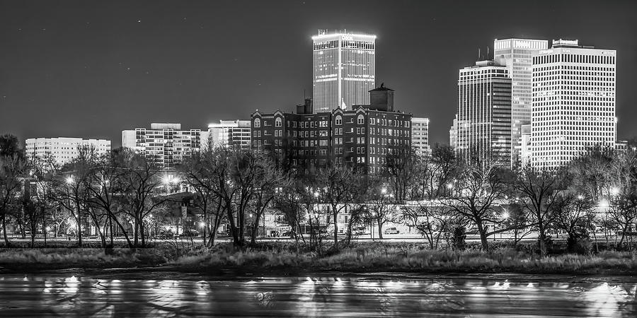 Panoramic Winter Skyline of Tulsa Oklahoma Over the Arkansas River - Black and White Photograph by Gregory Ballos