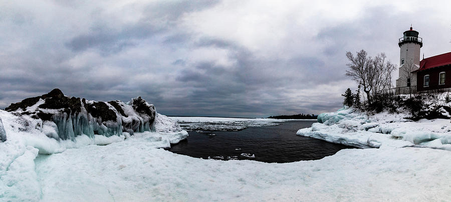 Panoramic winter view of Eagle Harbor Lighthouse Photograph by Eldon McGraw