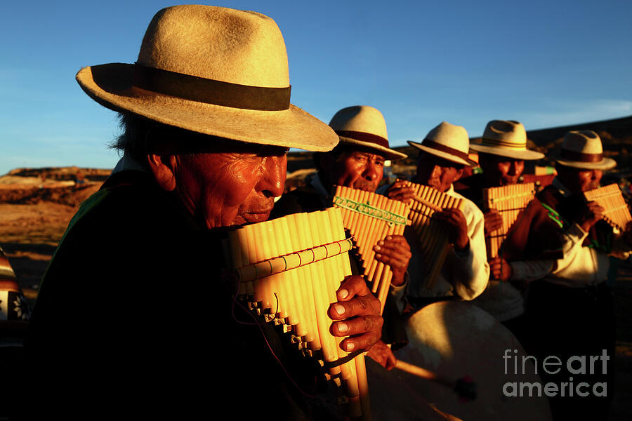 Portrait Photograph - Panpipe Musicians at Golden Hour Oruro Region Bolivia by James Brunker