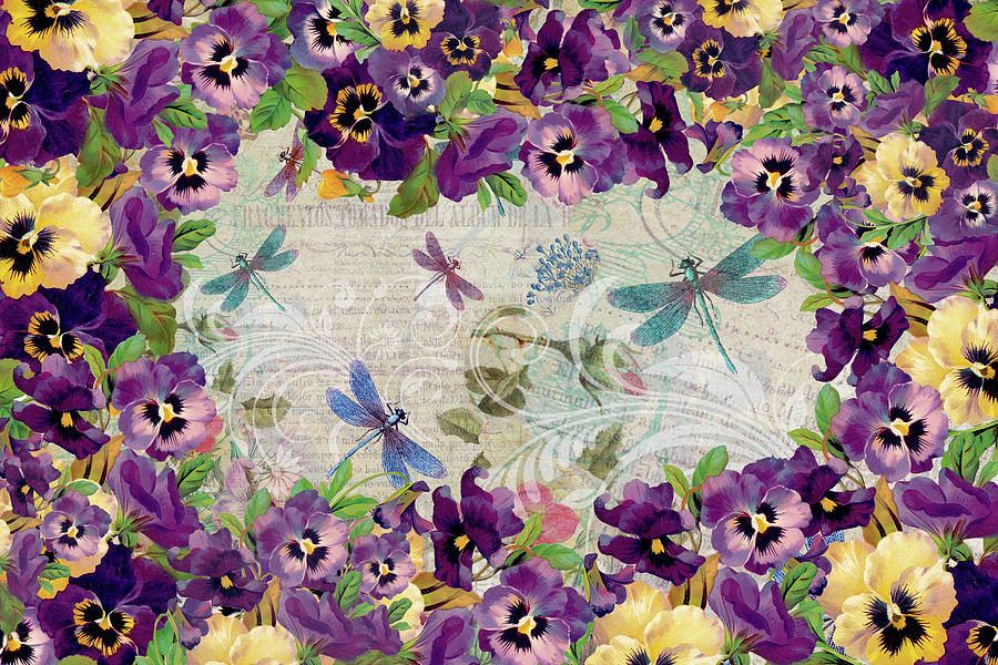 Pansies and Dragonflies Digital Art by Peggy Collins