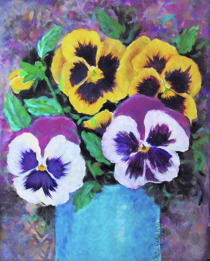 Pansies in Turquoise Pot Painting by Cheri Wollenberg
