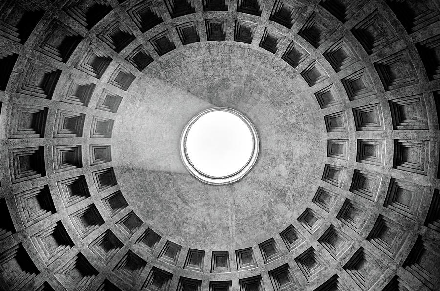 Pantheon Dome with Sunbeam in Rome Italy in Black and White Photograph by Alexios Ntounas