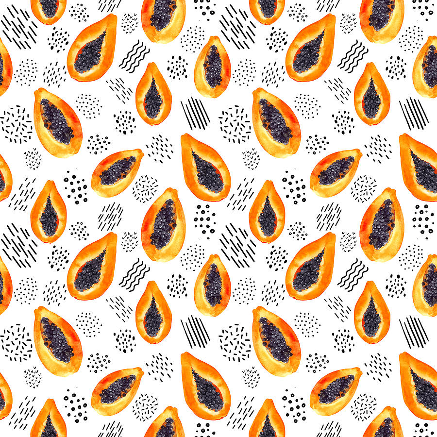 Papaya Tropical Fruit. Watercolor Seamless Pattern With Geometric Abstract Lines, Waves, Dots, Brush Strokes And Rough Scribble Doodle Drawing