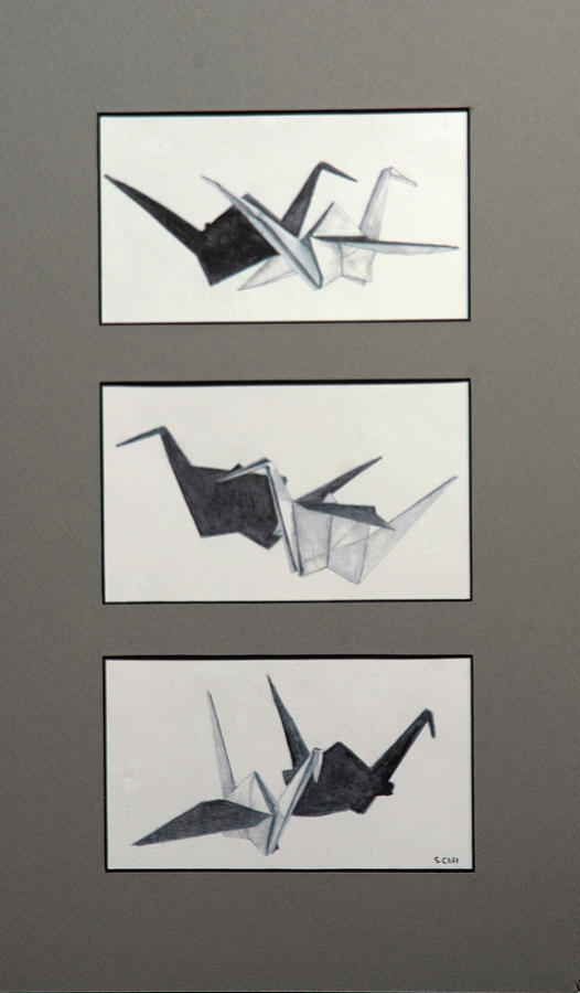 Paper Crane Triptych Mixed Media by Sandy Clift