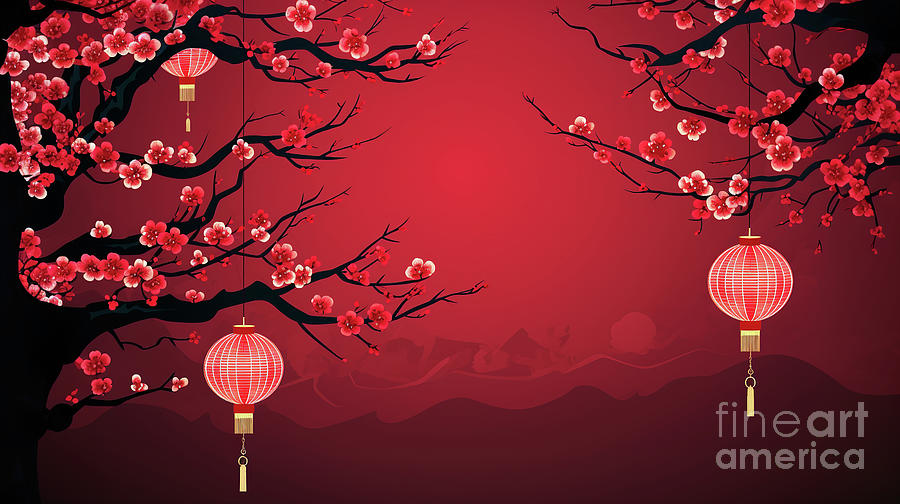 Paper lantern and branches of blooming apricot on red background. Digital Art by Odon Czintos