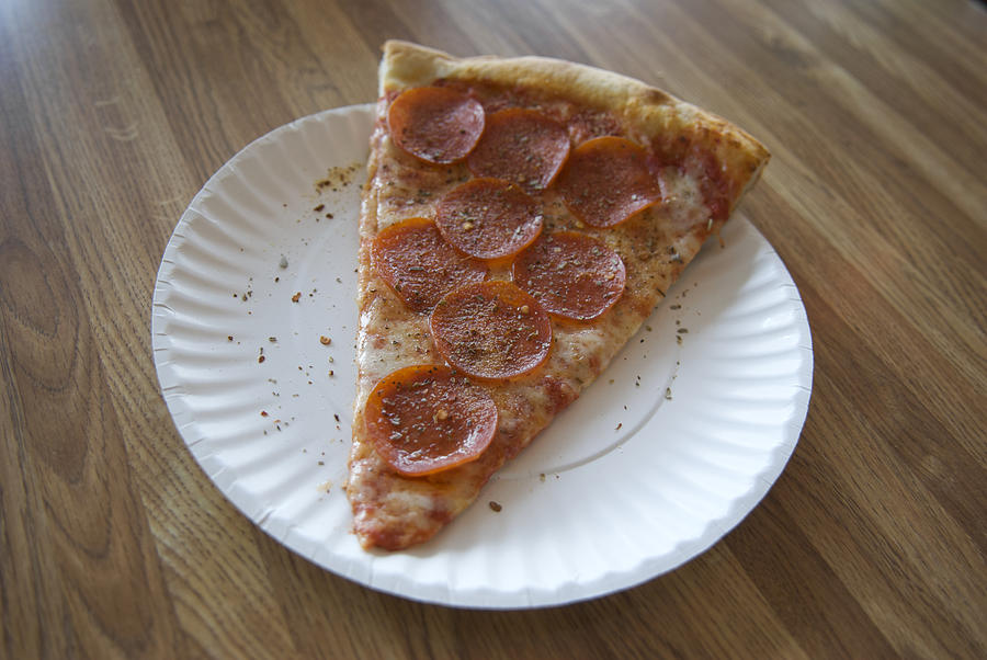 Paper Plate Pepperoni Pizza on Formica Table Photograph by PeskyMonkey