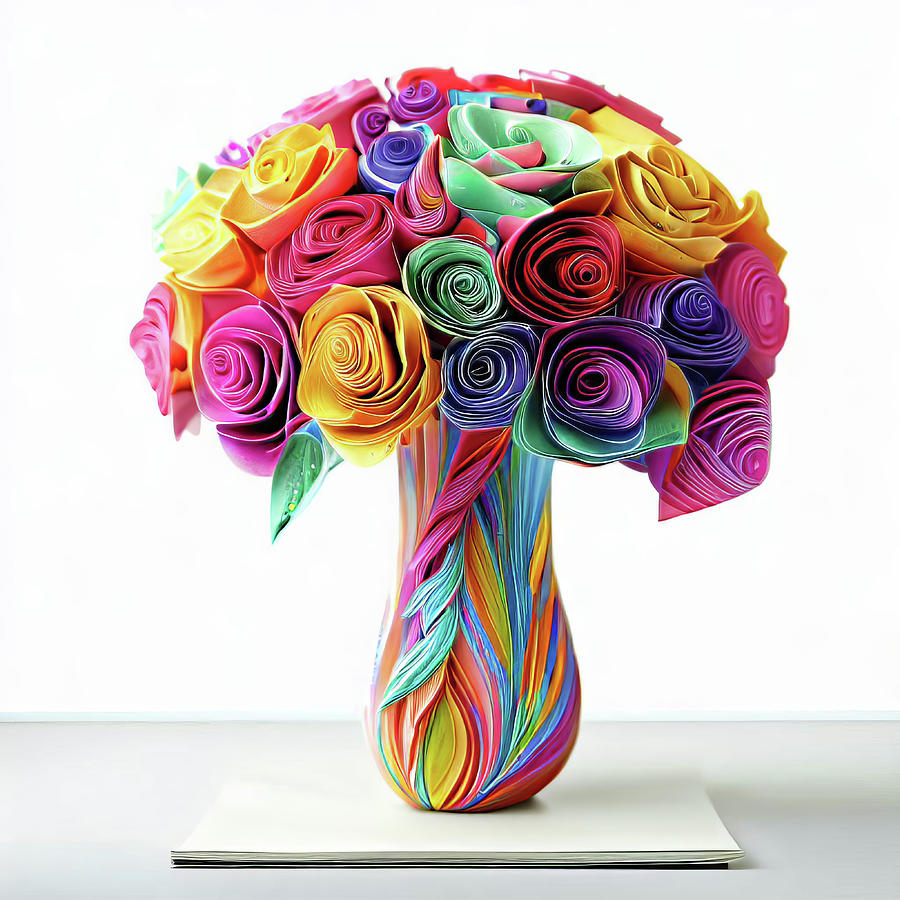 Paper Quilling Roses In Vase Digital Art