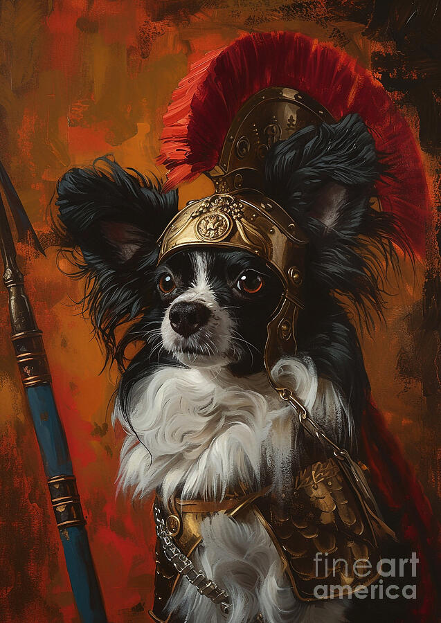 Small Dog Painting - Papillon - in the finery of a Roman ladys lapdog by Adrien Efren