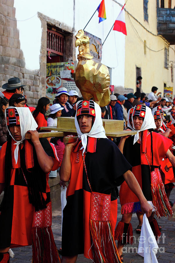 Peru Photograph - Parading the golden condor Inti Raymi festival Peru by James Brunker