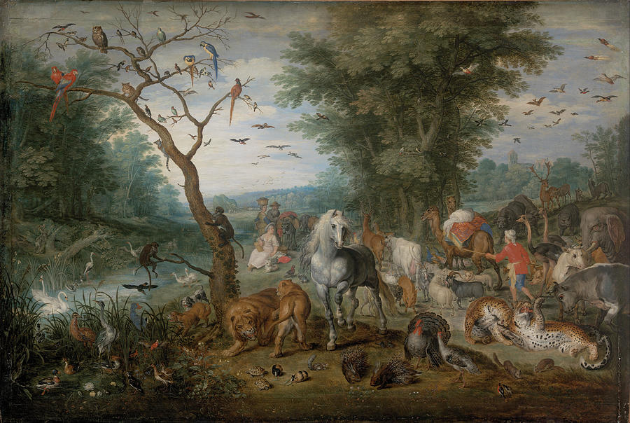 Bird Painting - Paradise Landscape with Animals. Date/Period From 1613 until 1615. Painting. Oil on panel. Heigh... by Jan Brueghel the Elder -1568-1625-