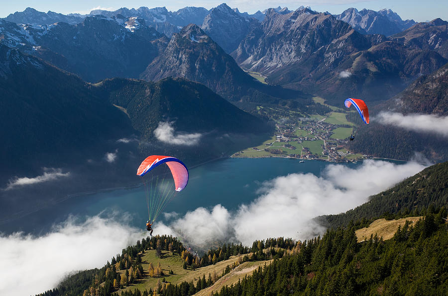 Paragliding over Lake Achensee in Rofan mountain Photograph by P. Medicus