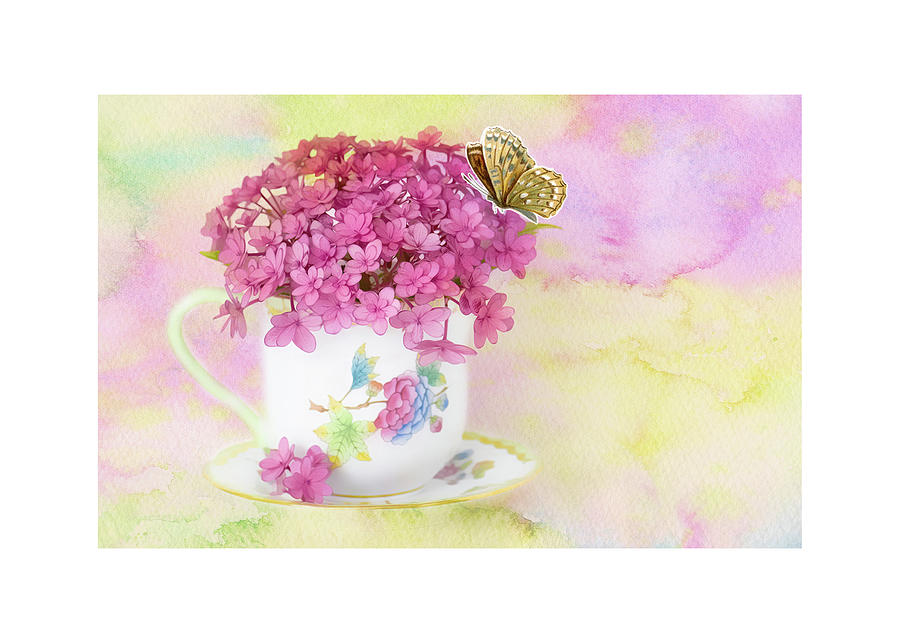 Paraplu Hydrangea Teacup Still Life Card Mixed Media by Irene Steeves ...