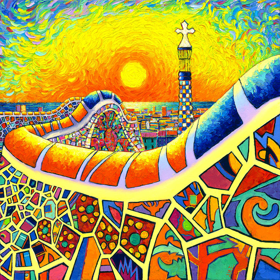 PARC GUELL SUNRISE IN BARCELONA textural impressionism commissioned oil painting Ana Maria Edulescu Painting by Ana Maria Edulescu