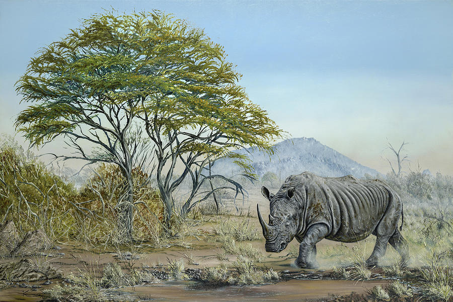 Parched Pilanesberg - White Rhinoceros Painting by Keith Carey