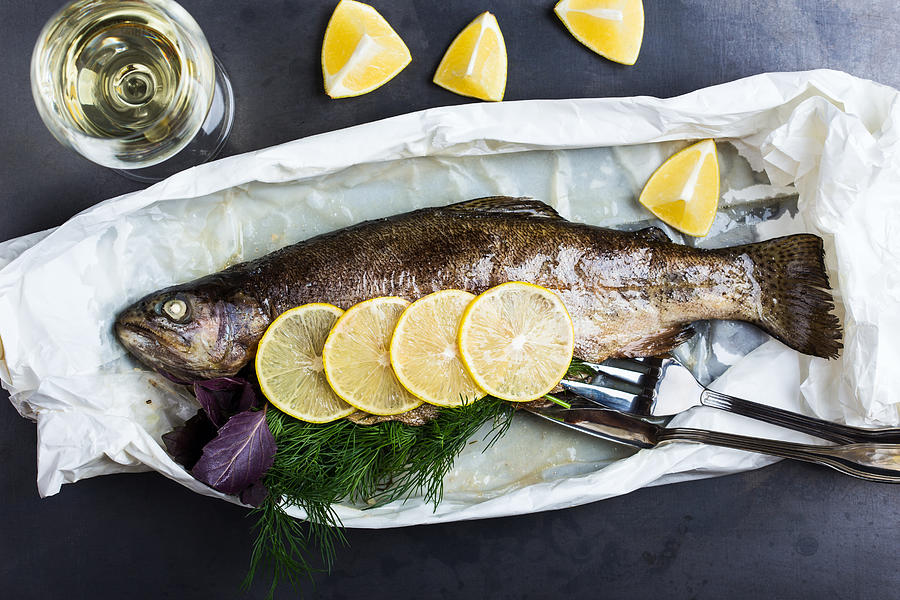 Parchment baked rainbow trout, top view Photograph by Istetiana