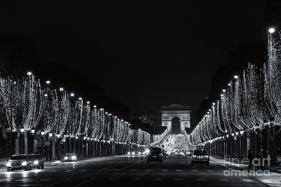 Paris. Arch Of Triumph And Champs Elysees With Christmas Festive Illumination. Black White Photograph