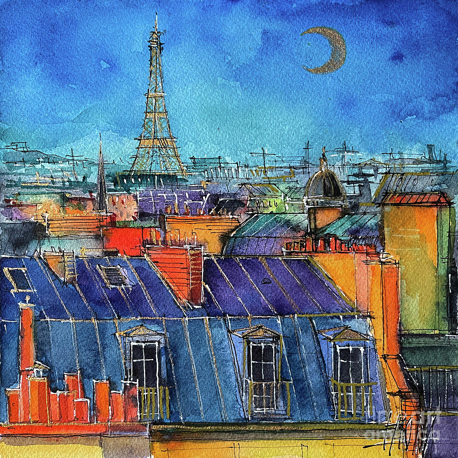Paris Painting - PARIS AT NIGHT TIME watercolor painting by Mona Edulesco