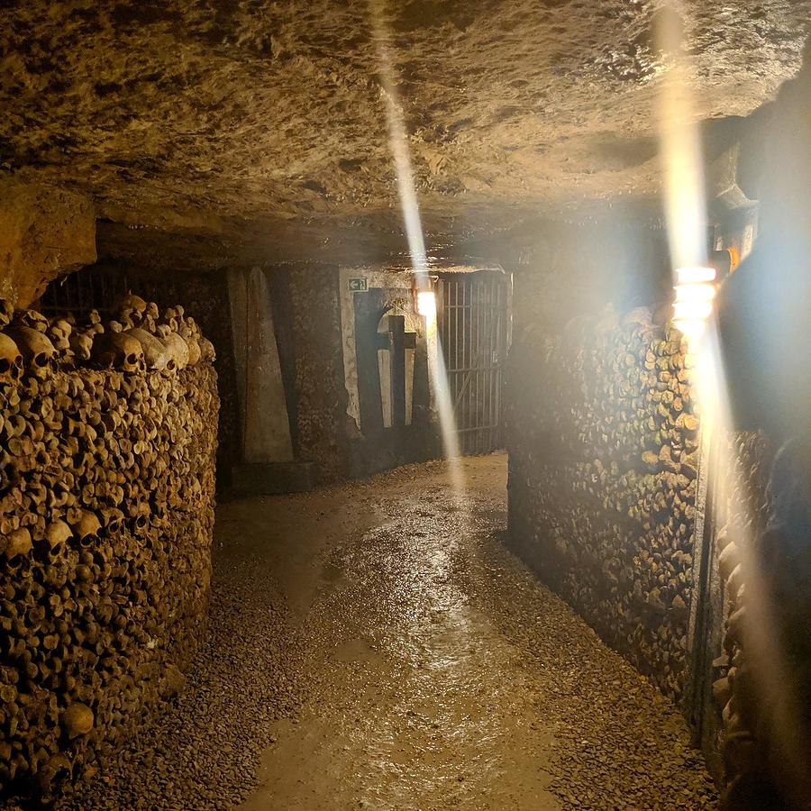 Paris Catacombs Tunnel With Cross Photograph