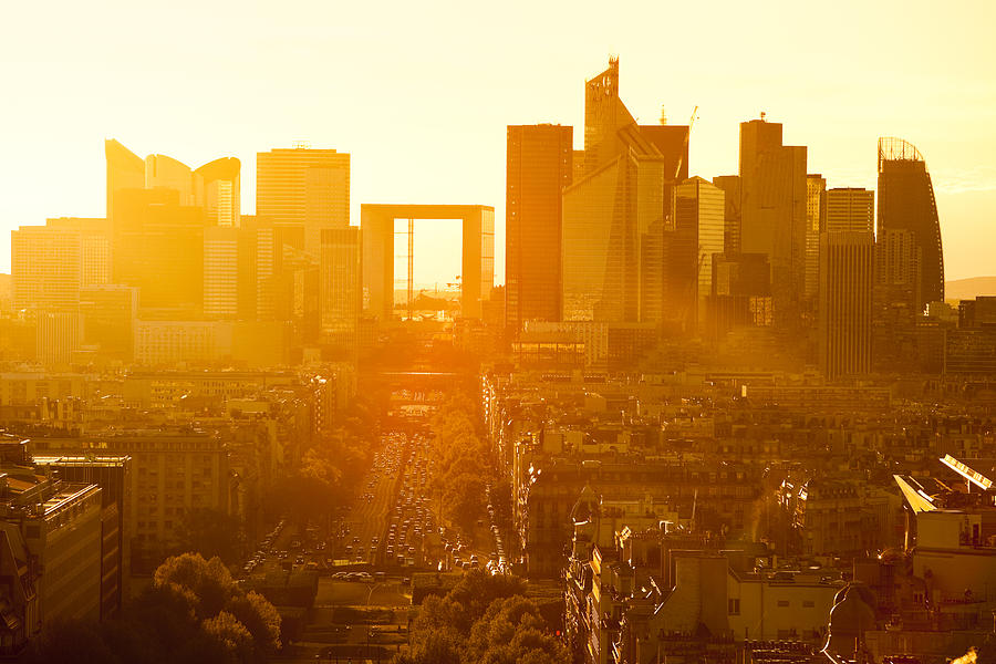 Paris Cityscape Against Sunset With La Defense, France Photograph by Bim